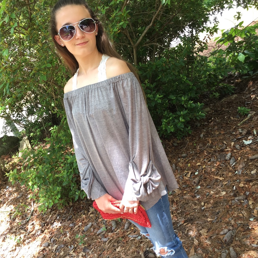 Grey off the shoulder Top with Bow details